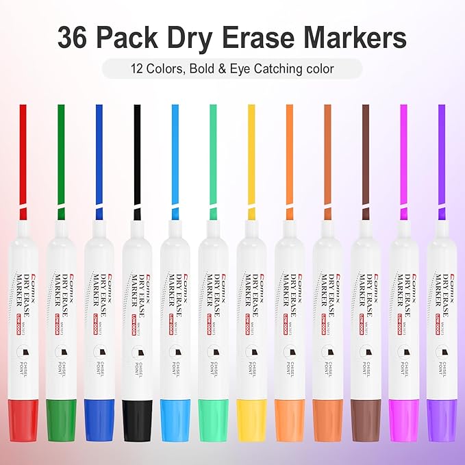 Comix Dry Erase Markers, Chisel Tip Whiteboard Markers, 36 Bulk 12 Assorted Color Low Odor Markers for Classroom, Teachers, Office, School Supplies