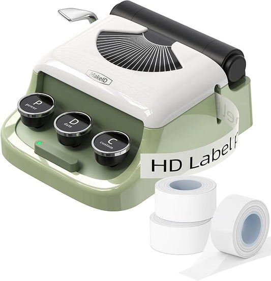 MakeID Q1 Label Maker Machine with 3 Tapes - Portable Bluetooth Label Makers for Home & Office Organization - Compatible with Apple iOS & Android - Clear Prints, Custom Templates & Fonts, Retro Design