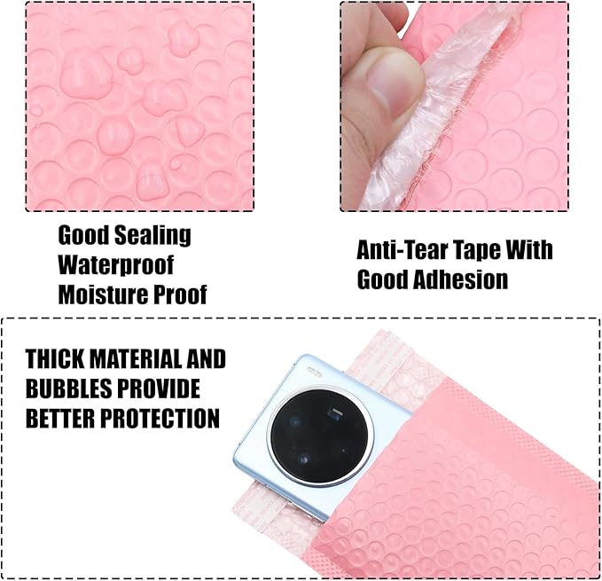 10 Pcs 5x7 Inch Self Seal Adhesive Poly Bubble Mailers Pink Waterproof Shipping Bags for Mailing Packaging