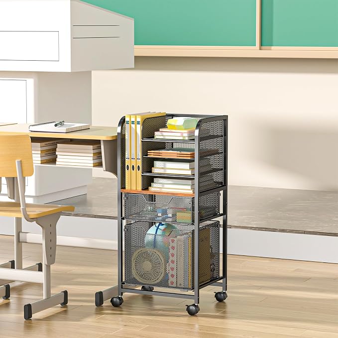 Feyejade 6-Tier Rolling File Cart Multi Mobile Drawer Cabinet Black | File cabinet organizer with wheels, letter size filing storage cart, home office hanging folder storage for teacher