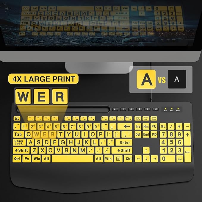 SABLUTE Large Print Computer Keyboard, Wired with Wrist Rest(Yellow+Black) | USB High Contrast Phone Holder Oversized Print Letters Easy to Read for Visually Impaired Vision Individuals