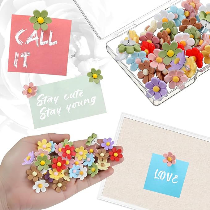 Flower Push Pins - 50 Pcs Cute Decorative Colorful Floral Thumb Tacks for Cork Board Wall Bulletin Board Travel Map Photo Home Office Supplies Accessories