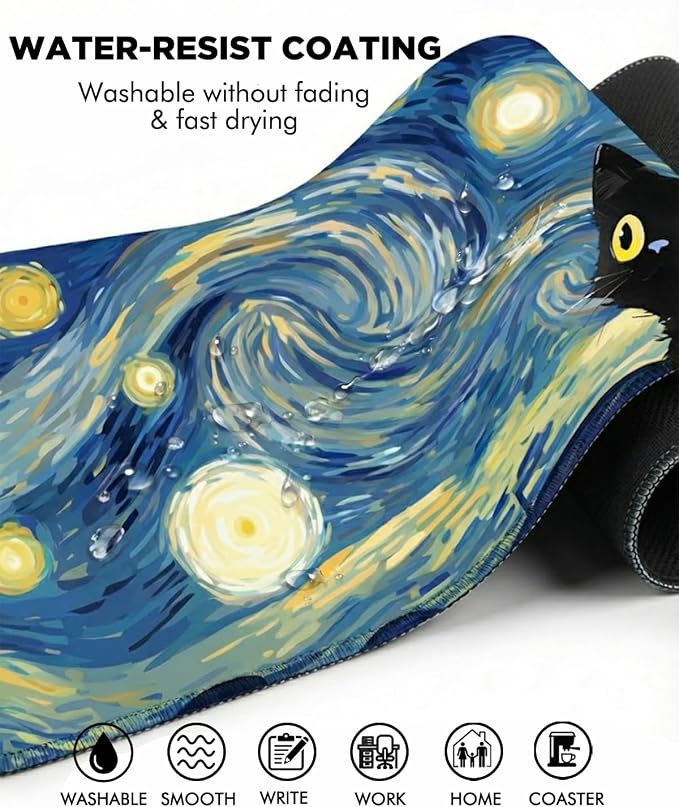 Mouse Pad, Desk Mat, 31.5x11.8in Large Mousepad | Desk Pad with Stitched Edge & Rubber Non-Slip Bottom, Gaming Mouse Pad, Mousepad for Home, Office, Blue Starry Sky Cat
