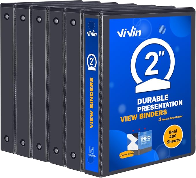 ViVin Sturdy 3 Ring Binder 2 Inch with 2 Interior Pockets, 6 Pack, Black | 2"-Round Ring Binder with Clear View Cover, PVC-Free, Fits 400 Sheets of 8.5'' x 11'' Paper, Office Home School Use