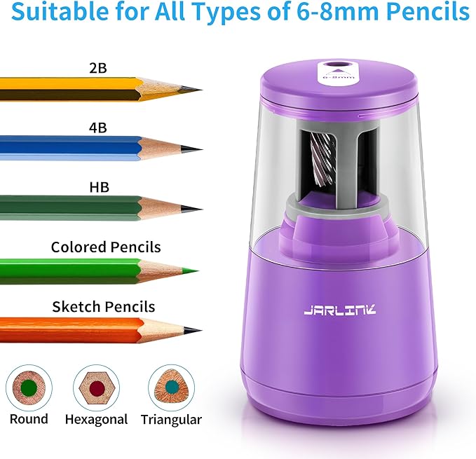 JARLINK Electric Pencil Sharpener, Heavy-Duty Helical Blade to Fast Sharpen, Auto Stop for No.2/Colored Pencils(6-8mm), USB/Battery Operated in School Classroom/Office/Home (Purple)