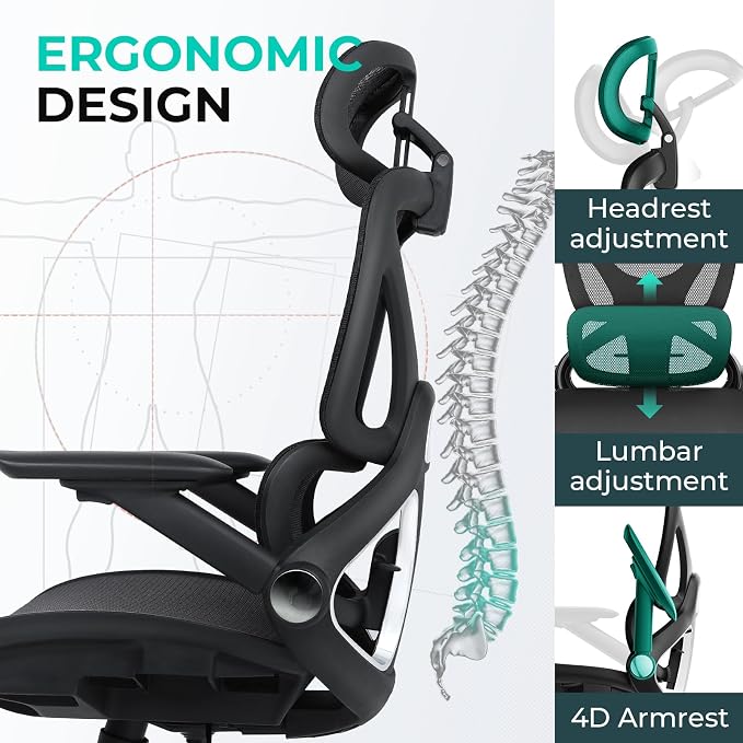 Ergonomic Mesh Office Chair, Adjustable Lumbar High Back Desk Chair 400lbs, 4D Flip-up Arms, 3-Level Tilt Backrest, 3D Headrest, PU Wheels, Swivel Rolling Computer Seating for Long Desk Work