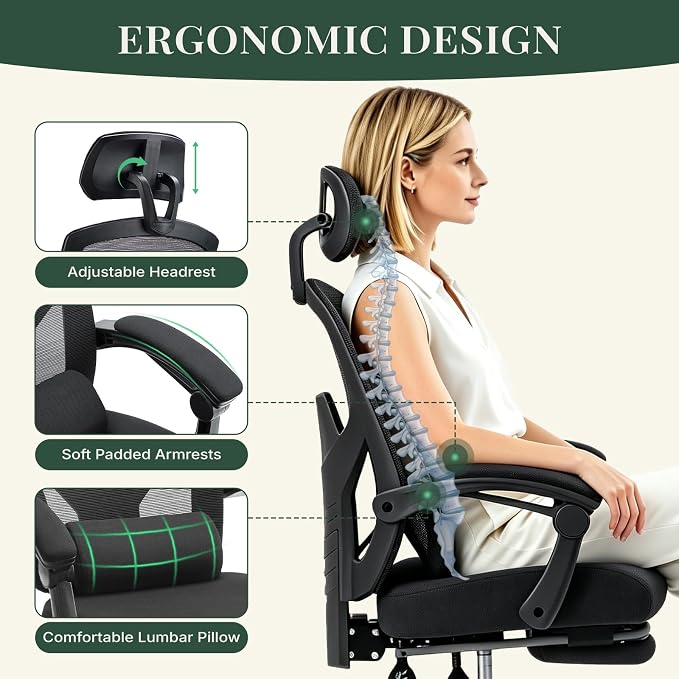 Ergonomic Office Chair with Footrest, Computer Gaming Chair | Adjustable Headrest, Lumbar Support, Swivel Reclining, Padded Armrest, Mesh High Back, Home Desk Work Study, Black