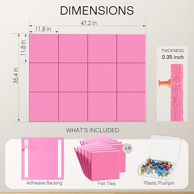 MaxGear Felt Bulletin Board 48" x 36", Pink Felt Wall Tiles Wall Decor | Modern Cork Board For Office Alternative, 12 Pack 11.8" x 11.8" Wall Panels With Push Pins, Vision Board Office & Home Decor