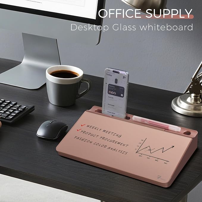 TOWON Compact Glass Desktop Whiteboard with Storage 12x7 in, Rose Gold | Aesthetic dry erase surface, 5 markers, eraser and holder included, for the office, home or school desk