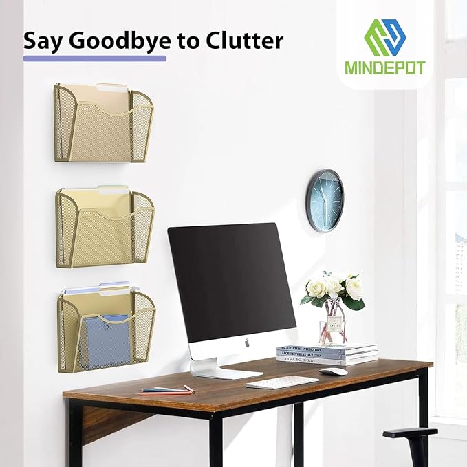 MINDEPOT Wall File Organizer, Hanging Wall File Holder, 2 Pack, Gold | Heavy Duty Iron, Metal Mesh Wall Mount, Single Pocket, Mail Organizer, for Office School Classroom Home, Letter A4 Size