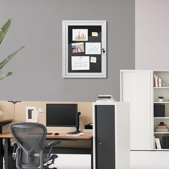 Mifuro 26"x20" Enclosed Bulletin Board, Outdoor Lockable Weather-Resistant Aluminum Cork Noticeboard for School & Office, Silver Frame w/Black Flet