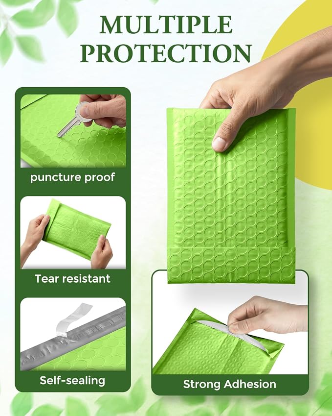 GSSUSA Green Bubble Mailers 4x8" 800 Pack Padded Envelopes Self Seal | 4x7 usable, #000, waterproof, Bubble Envelopes, Shipping Bag, Shipping Supplies, Packaging Supplies, jewelry, crafts,stickers