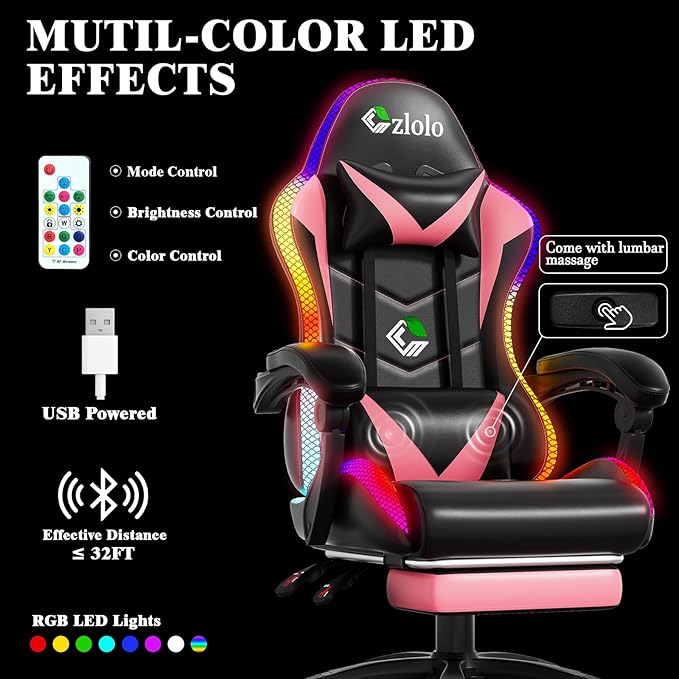 Gaming Chair, RGB LED Lights Computer Chair with Footrest, Lumbar Support Massager Gamer Chair, High Back, 90-135° Reclining, Linkage Armrests, Pink