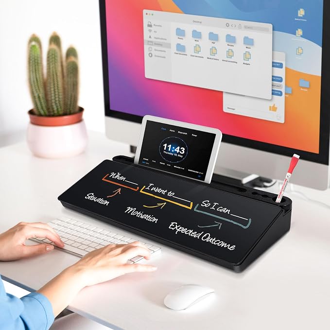 DOLLAR BOSS Glass Desk Whiteboard Small Dry Erase Board, All Black | Desktop White Board with Storage Drawer, Computer Keyboard Stand, Desk Organizer, Office Supplies, With Markers, Rag