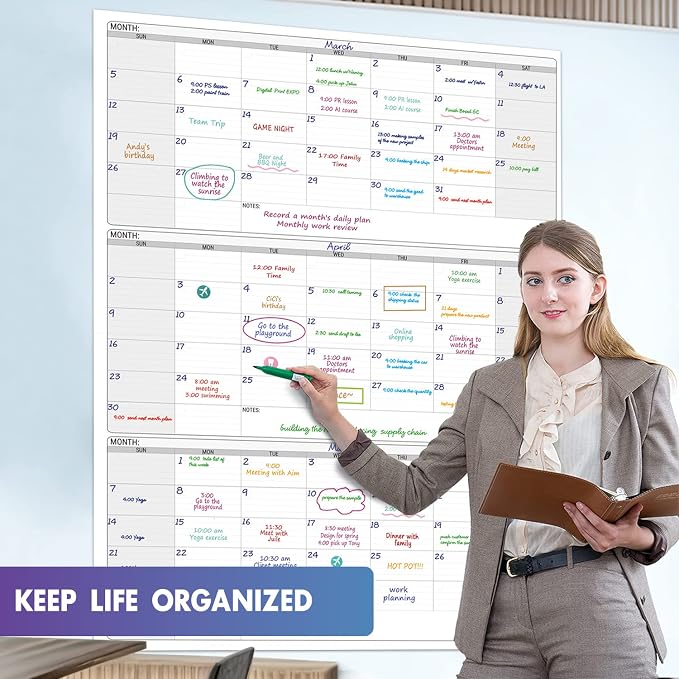 Large Calendar whiteboard for wall, Dry Erase 3 Month Calendar 46 x 63In | Big Quarterly Erasable Three Monthly White Board, Huge 90 Day Multi Months Calendars, Jumbo Laminated Planner For Office