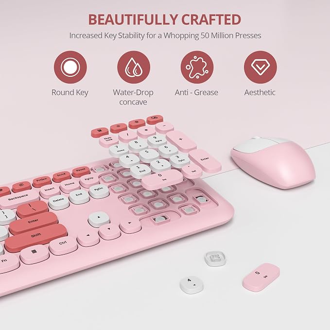 surmen Cute Wireless Keyboard and Mouse Combo, Pink Wireless Keyboard with Silent Mouse, Full Size Slim Low-Noise Soft Touch Round Keys for Home and Office,（6-Pink）