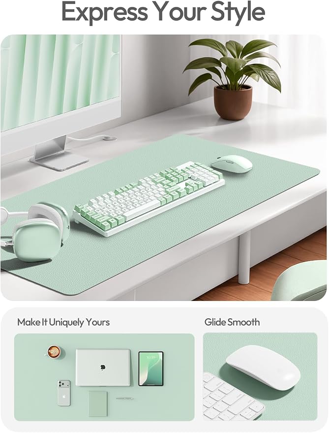 YSAGi Leather Desk Protector, Office Mat, Large Mouse Mat, Non-Slip PU Leather Blotter, Laptop Pad, Waterproof Writing Pad for Office and Home (Pale Green, 23.6" x 13.8")