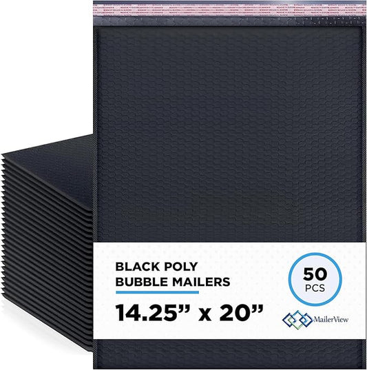 Black Extra Large Poly Bubble Mailers 14.25x20 inch #7 | Self Seal Large Padded Envelopes | Air Cushioned Bubble Mailer | Usable Size 14.25x19 Lightweight Mailing Shipping Bags| 50 Pack Bulk |USA Made