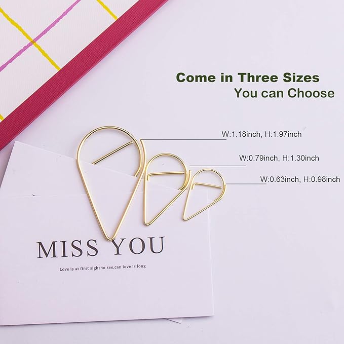 70 Pieces Gold Cute Paper Clips Large, VENCINK Smooth Stainless Steel Drop-Shaped Wire Paperclips for Office Supplies Wedding Women Girls Kids Students Paper Work