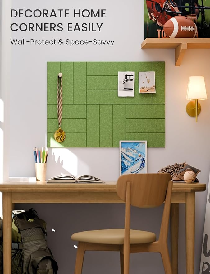 Fluxynara Felt Bulletin Board Tiles -28"x18" with 40 Adhesive Tabs, Cork Board Alternative for Office Decor, Push Pin Board Wall Organizer 6-Pack (Grass Green)