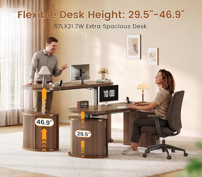SEDETA 57" Standing Desk with Storage, Electric Height Adjustable Executive Fluted Desk with Curved Cabinets, Computer Desk with Power Strip for Home Office, Brown