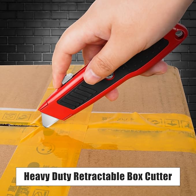 DIYSELF 2 Pack Box Cutter Retractable, Box Opener Tool Exacto Knife, Razor Knife Blade, Aluminum Alloy and Non-slip Rubber Handle, Heavy Duty Utility Knife for Carton, Cardboard and Box (Red)