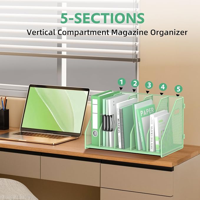 Binder Organizer, Magazine File Holder with 5 Vertical Compartments Rack, Metal Desk File Organizer & Binder Holders, Magazine Organizers for Office Desktop, Home, School (Green)