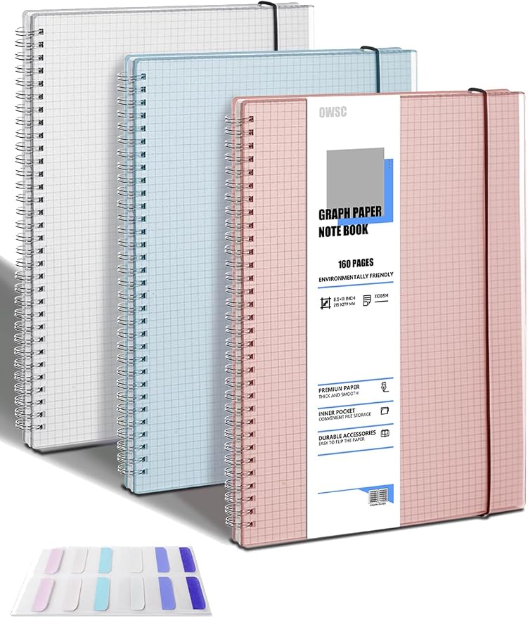 OWSC 3 Pack Graph Spiral Notebook, Hardcover Notebooks for Work A4 Graph | 5.9 x 8.3 IN Notebooks College Ruled for Note Taking, School and Journal with 80 Sheets/160 Pages 110 GSM Thick Papers