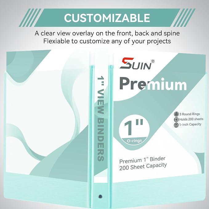 SUIN 1 Inch 3 Ring Binder, Clear 1'' View Presentation Binders with 2 Pockets, Fits 8.5 x 11 Letter Size, Durable Polypropylene, Non-Stick & PVC-Free for School, Office & Home (Brushed Green)