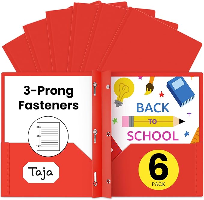 Taja Plastic Folders with Pockets and Prongs (6 Pack, Red), 2-Pocket Poly Folders with 3 Hole Punch and Business Card Slot, Fits Letter Size Paper, for School, Office, or Home Use