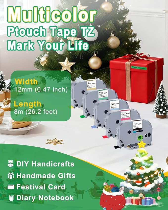 5PK 12mm 0.47 TZ Tape Gold/Black/Red/Blue/Green Laminated Colored | Replacement for Brother P Touch Label Maker Refill TZe for Ptouch PT-D210 PT-H110 PT-P300BT PT-D400