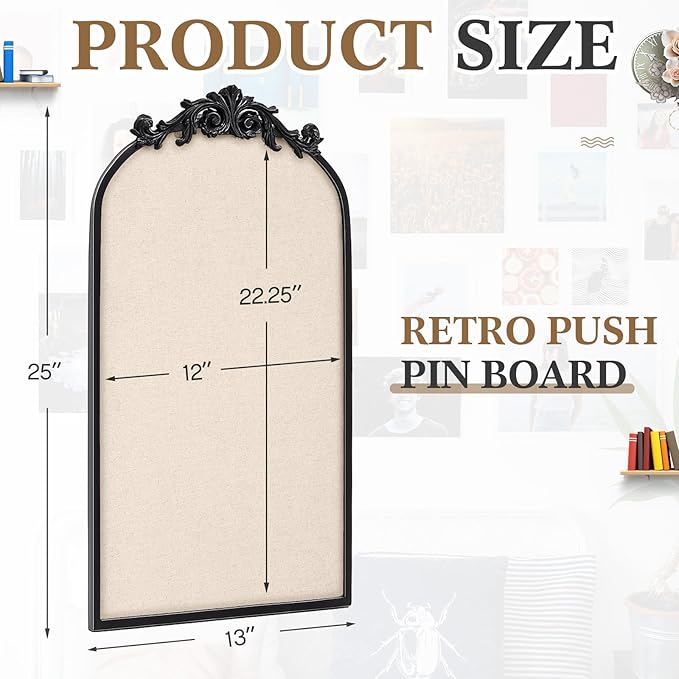 Vintage Framed Pin Board Linen Display Bulletin Board Large Ornate Fabric Picture Photo Pinboard Memo Decorative Prayer Pinboard Ornate for Wall Gift(Arch,13" X 25",Retro Black)