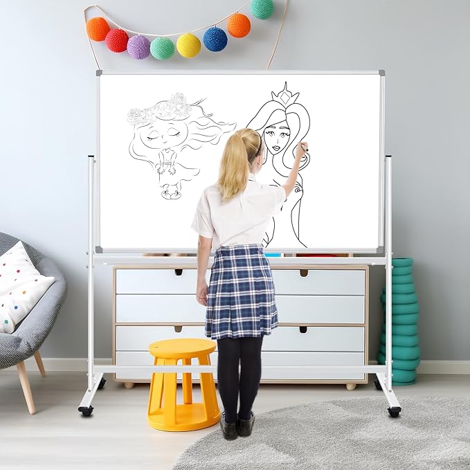 Mobile White Board with Stands 40"x28", Double-Sided Rolling Whiteboard on Wheels Magnetic Dry Erase Board with Stand Portable Standing White Board for Classroom, Office, Home