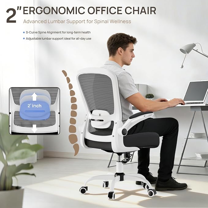 Mimoglad Ergonomic Office Chair - Desk Chair with Flip-up Armrests & 135° Recline, Adjustable Lumbar Support - Space-Saving Task Chair for Business/Team Office & Home (White Frame-Black, 300lbs) | Supports 300 lbs · Seat 19.48"–23.4" · Breathable mesh ...