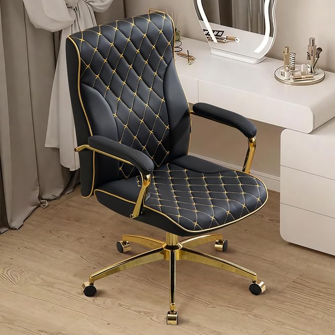 Black and Gold Office Chair, Leather Office Chairs, Adjustable Vanity Chair with Golden Legs and Padded Armrest, Modern Upholstered Computer Chair with Wheels,Black