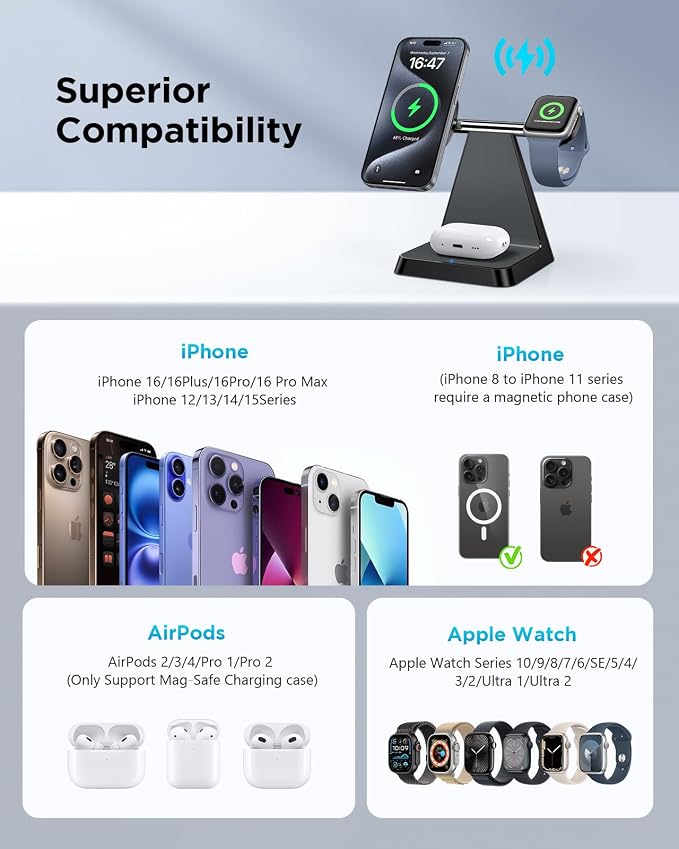 Charging Station for Multiple Devices Apple: Woruda 3 in 1 Magnetic Wireless Charger Stand for Mag Safe iPhone - Nightstand Charging Dock for iPhone 16 15 14 13 12 Pro Max Plus Apple Watch Airpods