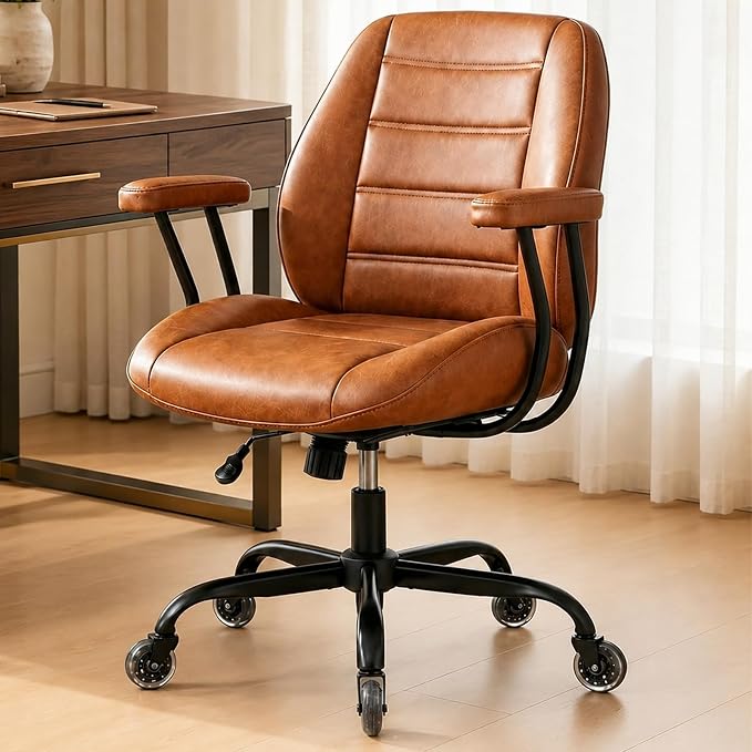 Brown Leather Office Chair with Quiet Rubber Wheels | Lumbar Support & Removable Arms, High-Density Foam Seat for All-Day Comfort, 360 Degree Swivel Home Desk Chair UXBBY002Z