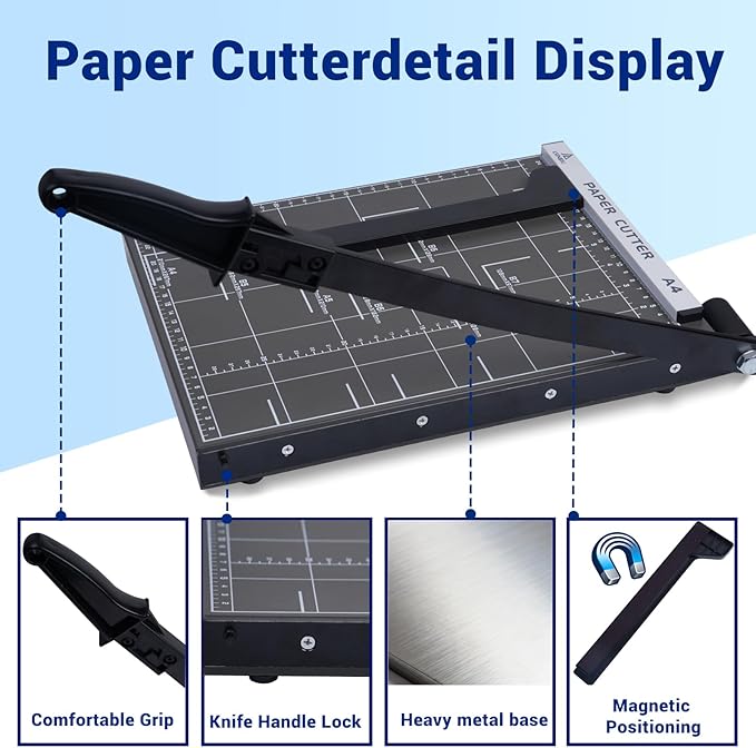 Guillotine Paper Cutter, 12" Cut Length Paper Trimmer with Sharp Blade and Metal Base, 12 Sheets Capacity with Safety Guard, Precision paper slicer for Cutting Paper, Card,Photos,Vinyl