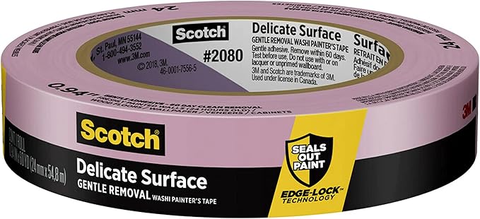 Scotch Delicate Surfaces Painters Tape, 0.94 in x 60 yd, Damage-Free Painting Prep, Protect Delicate Surfaces, UV & Sunlight Resistant, Solvent-Free Adhesive, Indoor Masking Tape, 1 Roll (2080EL-24E)