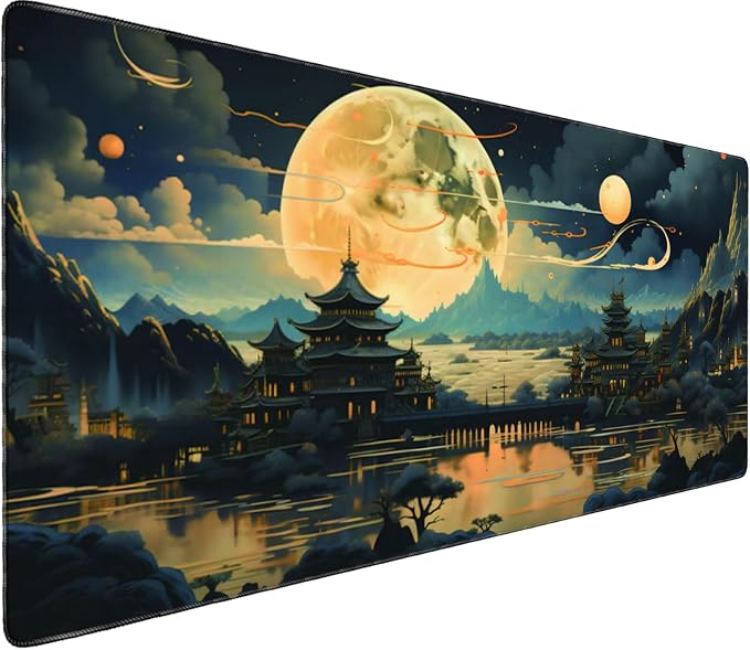 Professional Extended Gaming Mouse Pad - 31.5" x 15.7" Large Desk Mat with Stitched Edges, Waterproof Coating Non-Slip Rubber Base for Gamers Esports Pros Office Home, Moon