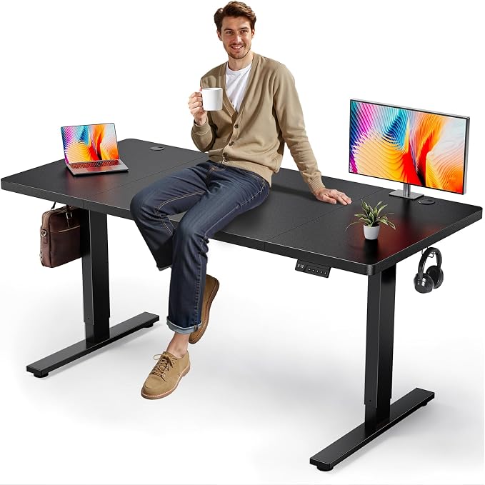 Black 63x30 in Electric Standing Desk, 1 Inch Thick Tabletop | Double Beam Frame, Holds 220lbs, Sit Stand, 3 Memory Height Adjustment, Extra Deep Table Top, Black Frame