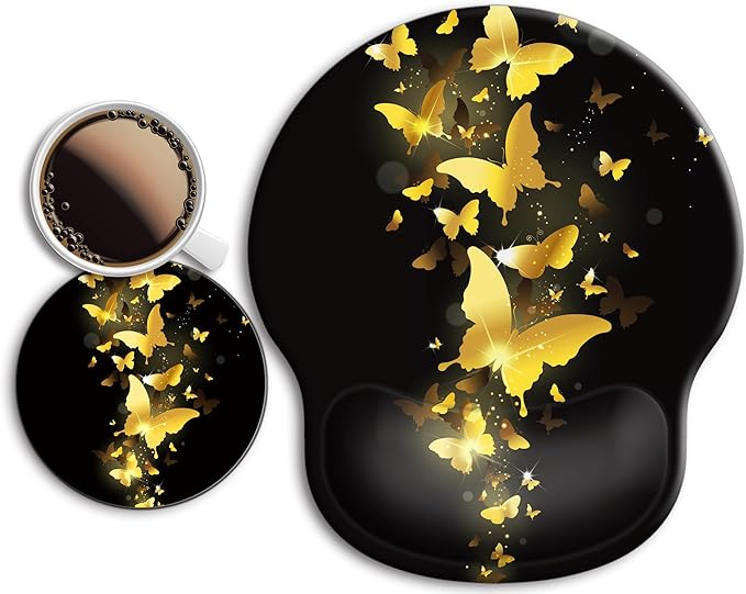 Ergonomic Mouse Pad with Wrist Support Rest,Large Mousepad Gel Wrist Rest, with Coaster Non-Slip & Pain Relief for Computer, Desk, Home&Office-Golden Butterflies