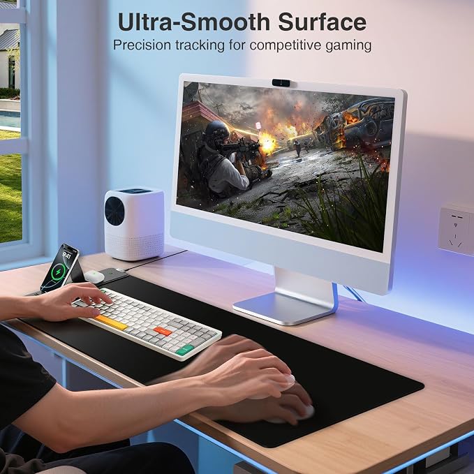 Wireless Charging Mouse Pad with Foldable Phone Holder, 31.5"x15.8", Black | Large Desk Mat for Laptop/Keyboard, Waterproof Ultra-Smooth Surface, Non-Slip Base
