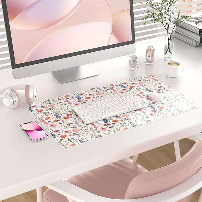 Colorful Star Large Mouse Pad, Watercolor Floral Desk Mat Office Supplies, Waterproof Faux Leather Big Gaming Mousepad for Women Girls, Flowers Desk Pad Home Office Décor Accessories 23.6" x 13.8"