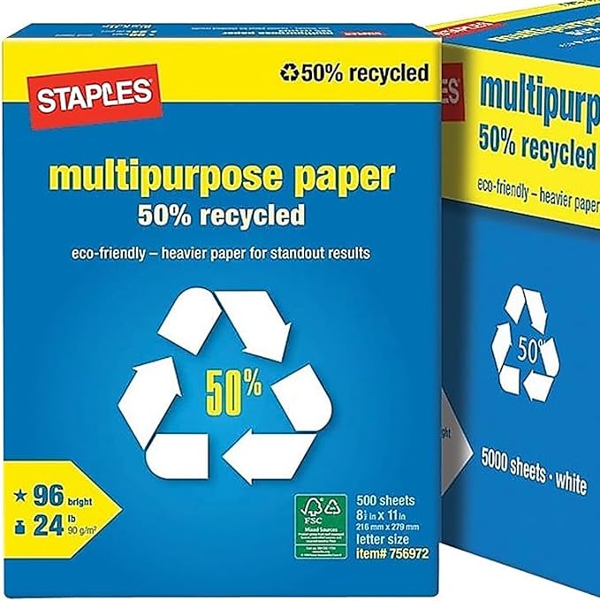 Staples 50% Recycled 8.5-Inch x 11-Inch Multipurpose Paper 24 lbs 96 Bright, 10 RM/CT, For Office, School & Home