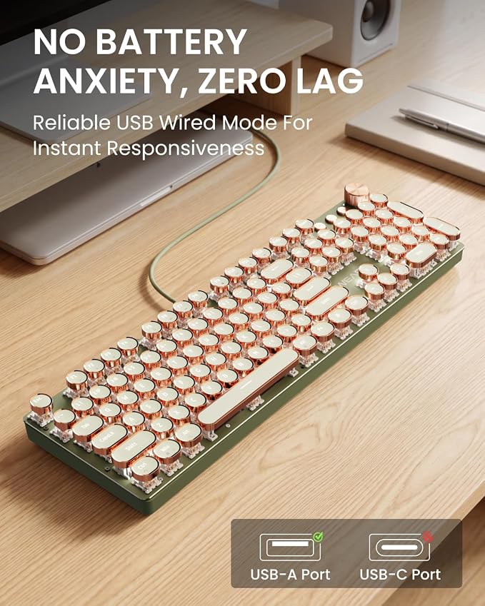 Wired Typewriter Mechanical Keyboard, Retro Punk Keyboard with Media Knob | White Backlit, Metal Panel, 104-Key Round Keycaps Low Noise Typewriter for Windows, PC, Laptop, Green, EWEADN V20