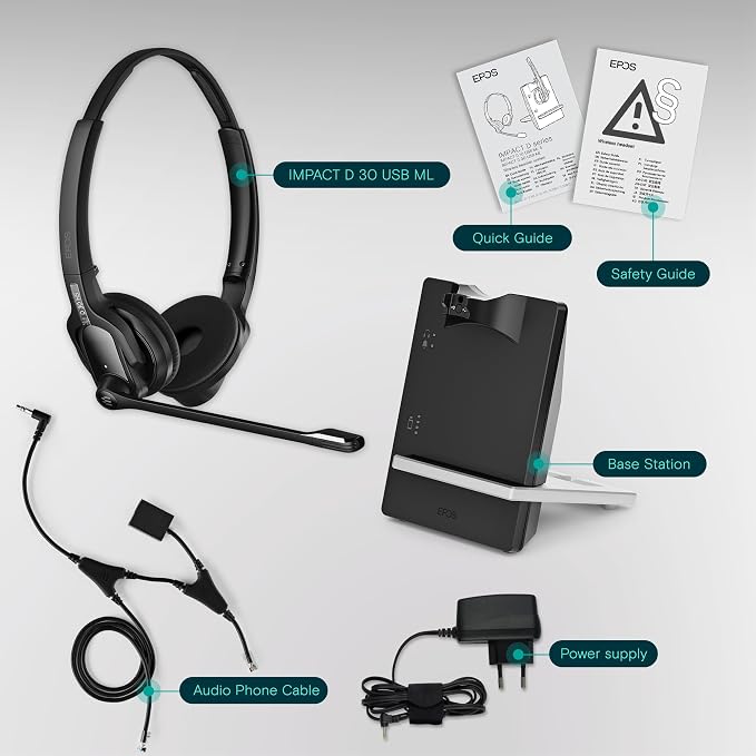 EPOS Impact D 30 Phone - Wireless DECT Dual Ear Headset for Connection to a Desk Phone, Black