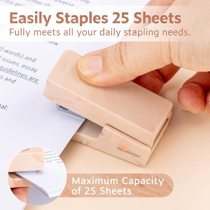 NUSIGN Mini Stapler with 830 Staples, Small Cute Desk Staplers, 25 Sheet Capacity, Fluid Brown