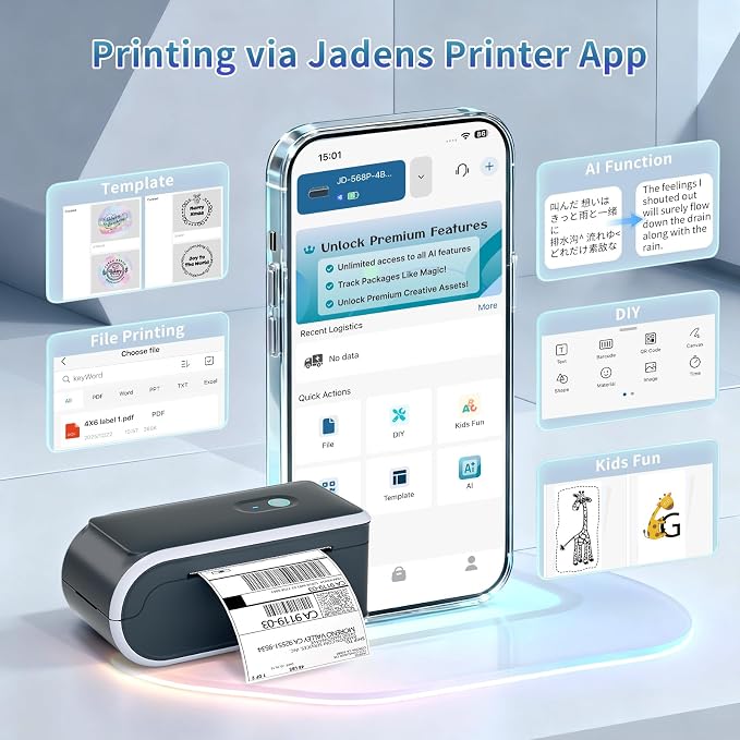 JADENS Battery Powered Thermal Printer, Cordless 4x6 Shipping Label Printer for Small Business, Prints 700+ Labels per Charge, 25H Standby, Portable Labeler for iPhone, Mac, Windows