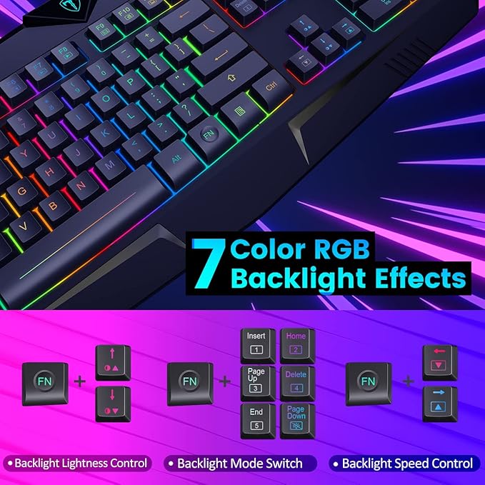 Gaming Keyboard, Full Size RGB Backlit Quiet Computer Keyboard, Wrist Rest, Silent Keys, Multimedia Keys, Anti-ghosting, Waterproof Light Up USB Wired Keyboard for PC Mac Xbox Gamer Office